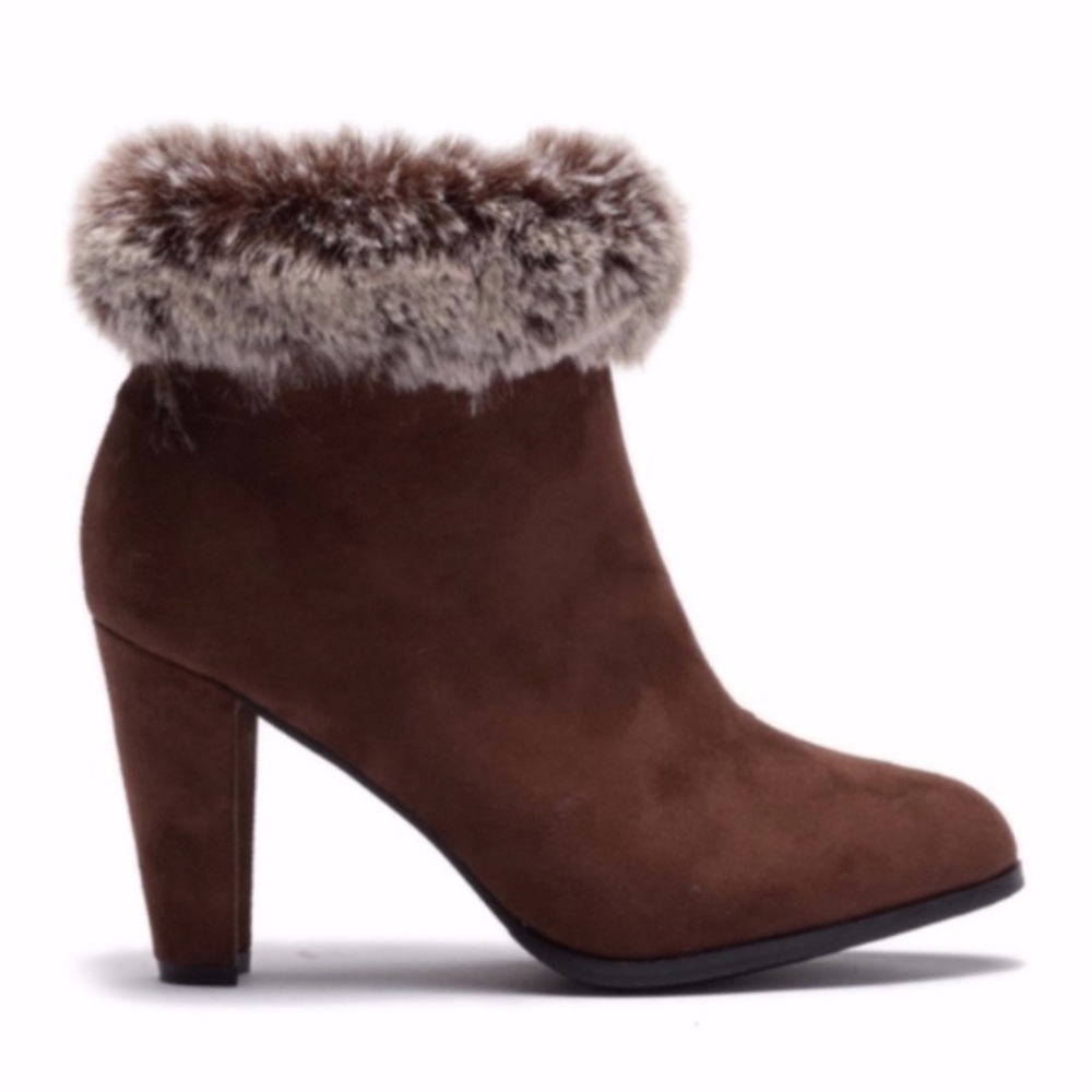 Brown Vegan Suede Bootie with Faux Fur Cuff